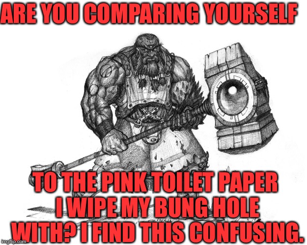 Troll Smasher | ARE YOU COMPARING YOURSELF TO THE PINK TOILET PAPER I WIPE MY BUNG HOLE WITH? I FIND THIS CONFUSING. | image tagged in troll smasher | made w/ Imgflip meme maker