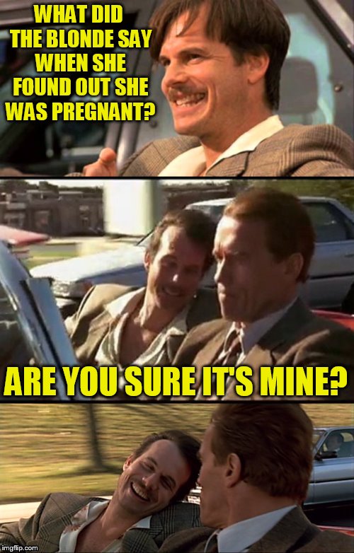 WHAT DID THE BLONDE SAY WHEN SHE FOUND OUT SHE WAS PREGNANT? ARE YOU SURE IT'S MINE? | image tagged in bill paxton scumy jokes | made w/ Imgflip meme maker