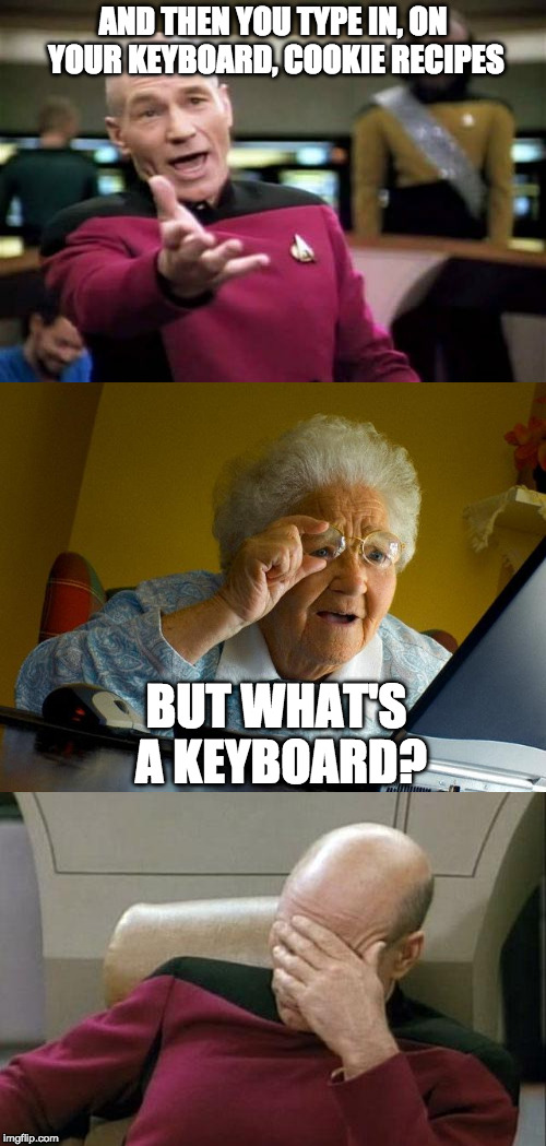 When you try to explain the internet to your grandma | AND THEN YOU TYPE IN, ON YOUR KEYBOARD, COOKIE RECIPES; BUT WHAT'S A KEYBOARD? | image tagged in picard,captain picard facepalm,grandma finds the internet,frustration,internet | made w/ Imgflip meme maker