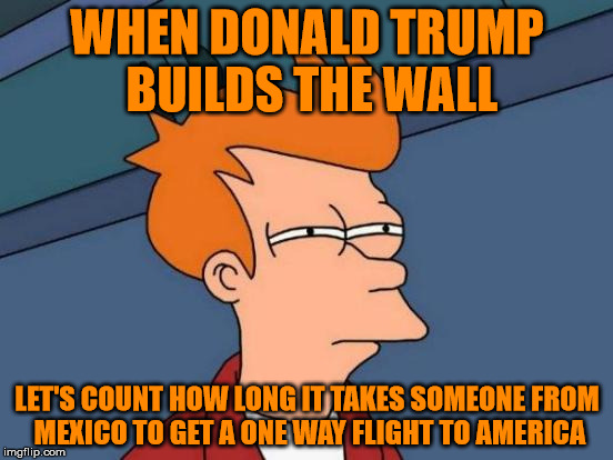 Accumulating | WHEN DONALD TRUMP BUILDS THE WALL; LET'S COUNT HOW LONG IT TAKES SOMEONE FROM MEXICO TO GET A ONE WAY FLIGHT TO AMERICA | image tagged in memes,futurama fry | made w/ Imgflip meme maker