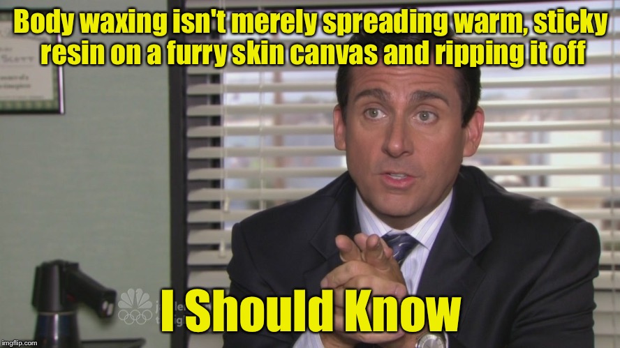 Michael Scott | Body waxing isn't merely spreading warm, sticky resin on a furry skin canvas and ripping it off; I Should Know | image tagged in michael scott,body waxing,manscaping,steve carell | made w/ Imgflip meme maker