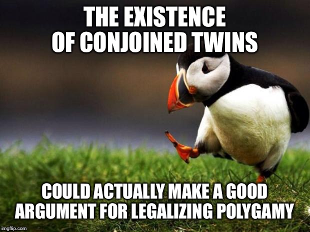 Unpopular Opinion Puffin | THE EXISTENCE OF CONJOINED TWINS; COULD ACTUALLY MAKE A GOOD ARGUMENT FOR LEGALIZING POLYGAMY | image tagged in memes,unpopular opinion puffin | made w/ Imgflip meme maker