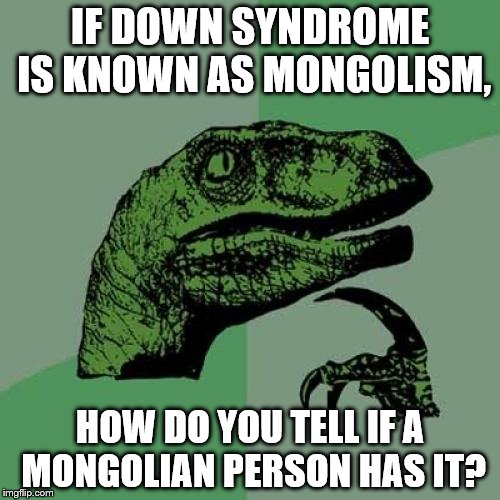 Philosoraptor | IF DOWN SYNDROME IS KNOWN AS MONGOLISM, HOW DO YOU TELL IF A MONGOLIAN PERSON HAS IT? | image tagged in memes,philosoraptor | made w/ Imgflip meme maker