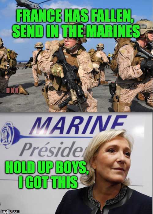 Marine | FRANCE HAS FALLEN, SEND IN THE MARINES; D N N; HOLD UP BOYS, I GOT THIS | image tagged in marine | made w/ Imgflip meme maker