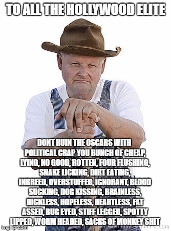 TO ALL THE HOLLYWOOD ELITE; DONT RUIN THE OSCARS WITH POLITICAL CRAP YOU BUNCH OF CHEAP, LYING, NO GOOD, ROTTEN, FOUR FLUSHING, SNAKE LICKING, DIRT EATING, INBREED, OVERSTUFFED, IGNORANT, BLOOD SUCKING, DOG KISSING, BRAINLESS, DICKLESS, HOPELESS, HEARTLESS, FAT ASSED, BUG EYED, STIFF LEGGED, SPOTTY LIPPED, WORM HEADED, SACKS OF MONKEY SHIT | image tagged in oscars | made w/ Imgflip meme maker