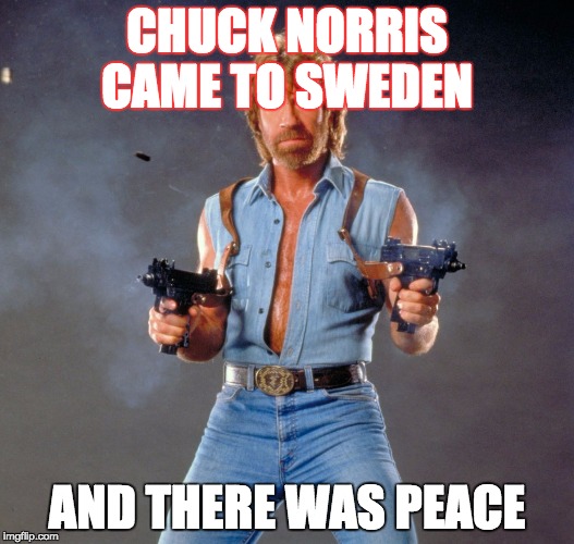 Chuck Norris Guns | CHUCK NORRIS CAME TO SWEDEN; AND THERE WAS PEACE | image tagged in memes,chuck norris guns,chuck norris | made w/ Imgflip meme maker