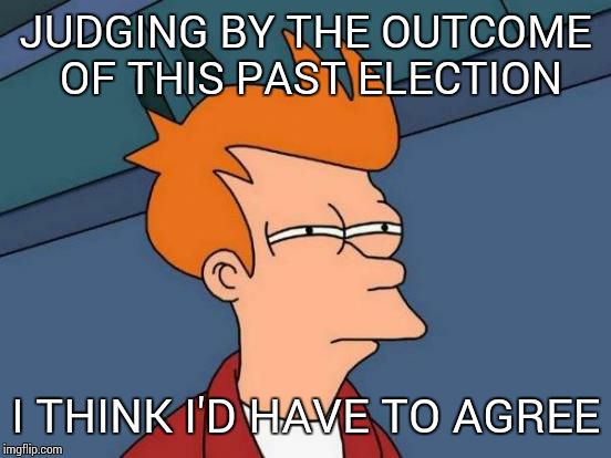 Futurama Fry Meme | JUDGING BY THE OUTCOME OF THIS PAST ELECTION I THINK I'D HAVE TO AGREE | image tagged in memes,futurama fry | made w/ Imgflip meme maker