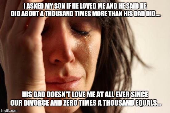 First World Problems | I ASKED MY SON IF HE LOVED ME AND HE SAID HE DID ABOUT A THOUSAND TIMES MORE THAN HIS DAD DID.... HIS DAD DOESN'T LOVE ME AT ALL EVER SINCE OUR DIVORCE AND ZERO TIMES A THOUSAND EQUALS... | image tagged in memes,first world problems | made w/ Imgflip meme maker