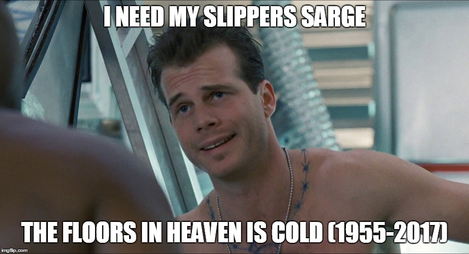 Hudson | I NEED MY SLIPPERS SARGE; THE FLOORS IN HEAVEN IS COLD
(1955-2017) | image tagged in aliens,hudson,bill paxton | made w/ Imgflip meme maker