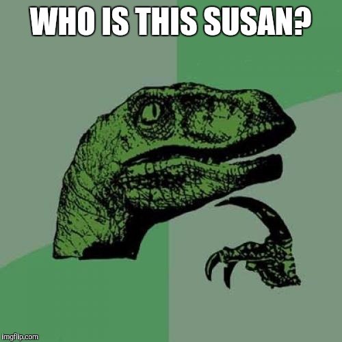 Philosoraptor | WHO IS THIS SUSAN? | image tagged in memes,philosoraptor | made w/ Imgflip meme maker