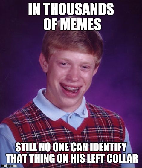 Bad Luck Brian | IN THOUSANDS OF MEMES; STILL NO ONE CAN IDENTIFY THAT THING ON HIS LEFT COLLAR | image tagged in memes,bad luck brian | made w/ Imgflip meme maker
