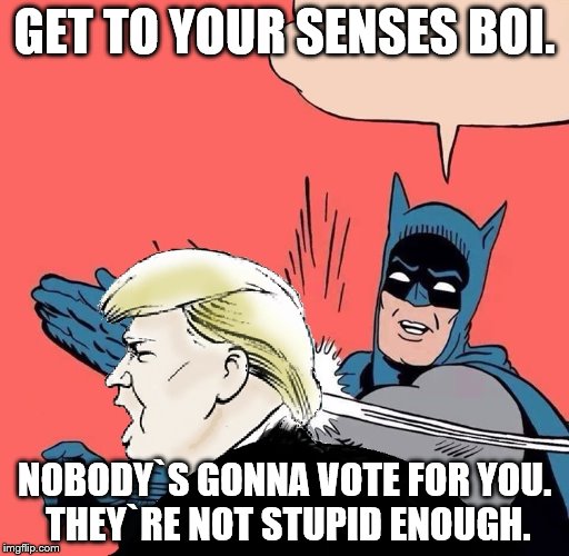 Batman slaps Trump | GET TO YOUR SENSES BOI. NOBODY`S GONNA VOTE FOR YOU. THEY`RE NOT STUPID ENOUGH. | image tagged in batman slaps trump | made w/ Imgflip meme maker