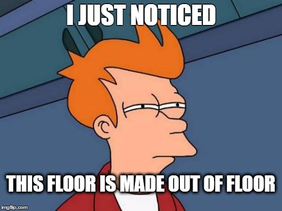 Futurama Fry Meme | I JUST NOTICED; THIS FLOOR IS MADE OUT OF FLOOR | image tagged in memes,futurama fry | made w/ Imgflip meme maker
