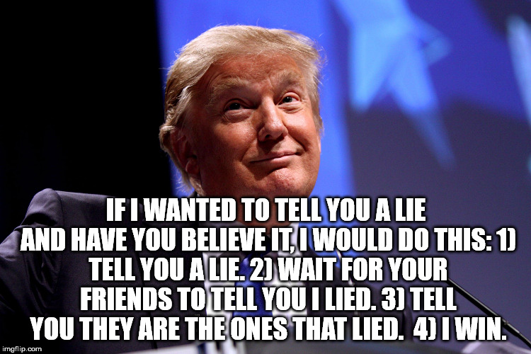Donald Trump | IF I WANTED TO TELL YOU A LIE AND HAVE YOU BELIEVE IT, I WOULD DO THIS:
1) TELL YOU A LIE.
2) WAIT FOR YOUR FRIENDS TO TELL YOU I LIED.
3) TELL YOU THEY ARE THE ONES THAT LIED.

4) I WIN. | image tagged in donald trump | made w/ Imgflip meme maker