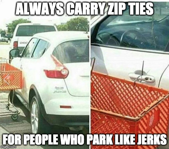 Tip of the Day: | ALWAYS CARRY ZIP TIES; FOR PEOPLE WHO PARK LIKE JERKS | image tagged in jerk parking,bacon,zip ties,bad drivers,parking,revenge | made w/ Imgflip meme maker