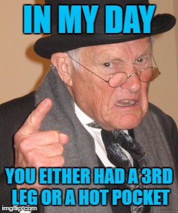 Back In My Day Meme | IN MY DAY; YOU EITHER HAD A 3RD LEG OR A HOT POCKET | image tagged in memes,back in my day,funny | made w/ Imgflip meme maker