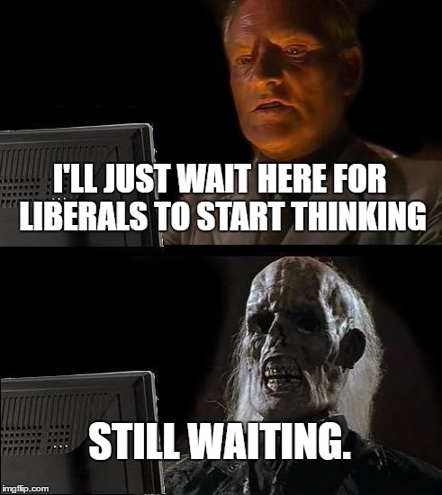 I'll Just Wait Here Meme | I'LL JUST WAIT HERE FOR LIBERALS TO START THINKING STILL WAITING. | image tagged in memes,ill just wait here | made w/ Imgflip meme maker
