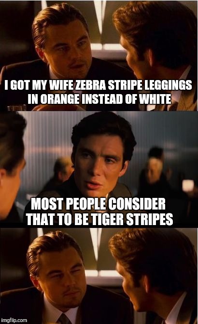 Saw orange "zebra print" leggings online | I GOT MY WIFE ZEBRA STRIPE LEGGINGS IN ORANGE INSTEAD OF WHITE; MOST PEOPLE CONSIDER THAT TO BE TIGER STRIPES | image tagged in memes,inception | made w/ Imgflip meme maker