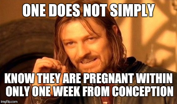 One Does Not Simply Meme | ONE DOES NOT SIMPLY KNOW THEY ARE PREGNANT WITHIN ONLY ONE WEEK FROM CONCEPTION | image tagged in memes,one does not simply | made w/ Imgflip meme maker