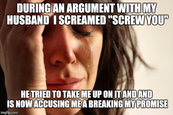 First World Problems Meme | DURING AN ARGUMENT WITH MY HUSBAND  I SCREAMED "SCREW YOU"; HE TRIED TO TAKE ME UP ON IT AND AND IS NOW ACCUSING ME A BREAKING MY PROMISE | image tagged in memes,first world problems | made w/ Imgflip meme maker