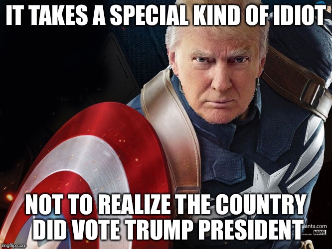 Trump @TheRealCaptainAmerica | IT TAKES A SPECIAL KIND OF IDIOT NOT TO REALIZE THE COUNTRY DID VOTE TRUMP PRESIDENT | image tagged in trump therealcaptainamerica | made w/ Imgflip meme maker