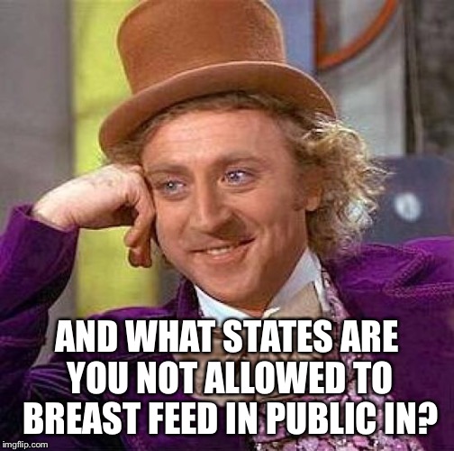 Creepy Condescending Wonka Meme | AND WHAT STATES ARE YOU NOT ALLOWED TO BREAST FEED IN PUBLIC IN? | image tagged in memes,creepy condescending wonka | made w/ Imgflip meme maker