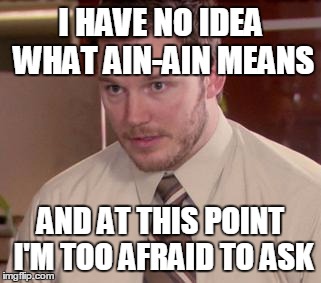 Afraid To Ask Andy (Closeup) Meme | I HAVE NO IDEA WHAT AIN-AIN MEANS; AND AT THIS POINT I'M TOO AFRAID TO ASK | image tagged in memes,afraid to ask andy closeup | made w/ Imgflip meme maker