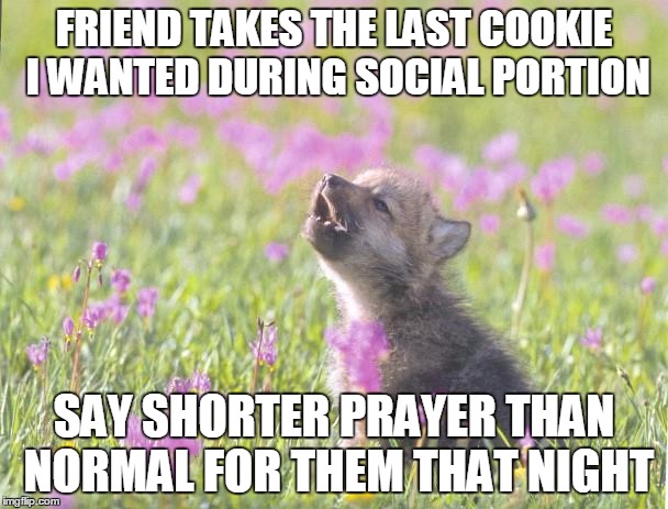 Baby Insanity Wolf Meme | FRIEND TAKES THE LAST COOKIE I WANTED DURING SOCIAL PORTION; SAY SHORTER PRAYER THAN NORMAL FOR THEM THAT NIGHT | image tagged in memes,baby insanity wolf | made w/ Imgflip meme maker