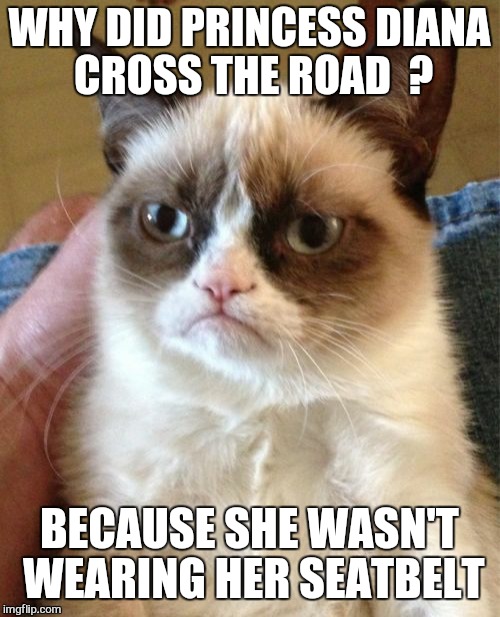 Grumpy Cat | WHY DID PRINCESS DIANA CROSS THE ROAD 
? BECAUSE SHE WASN'T WEARING HER SEATBELT | image tagged in memes,grumpy cat,anti joke chicken,pepridge farms | made w/ Imgflip meme maker