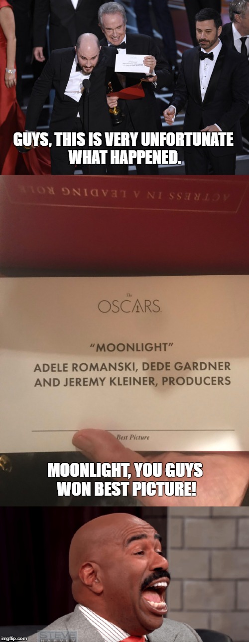 "Okay folks, there's... uh, I have to apologize." | GUYS, THIS IS VERY UNFORTUNATE WHAT HAPPENED. MOONLIGHT, YOU GUYS WON BEST PICTURE! | image tagged in oscars,mistake,lalaland,moonlight,steve harvey,jimmy kimmel | made w/ Imgflip meme maker
