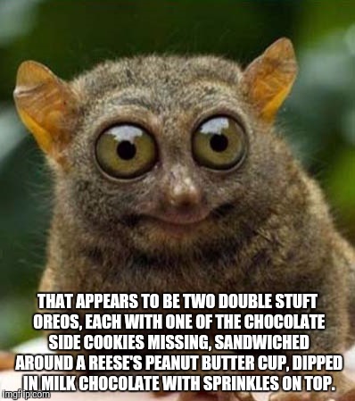 big eyes smiling critter | THAT APPEARS TO BE TWO DOUBLE STUFT OREOS, EACH WITH ONE OF THE CHOCOLATE SIDE COOKIES MISSING, SANDWICHED AROUND A REESE'S PEANUT BUTTER CU | image tagged in big eyes smiling critter | made w/ Imgflip meme maker