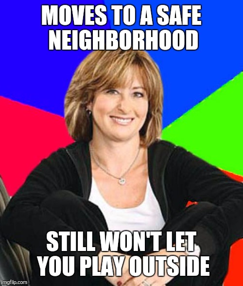 Sheltering Suburban Mom Meme | MOVES TO A SAFE NEIGHBORHOOD; STILL WON'T LET YOU PLAY OUTSIDE | image tagged in memes,sheltering suburban mom | made w/ Imgflip meme maker