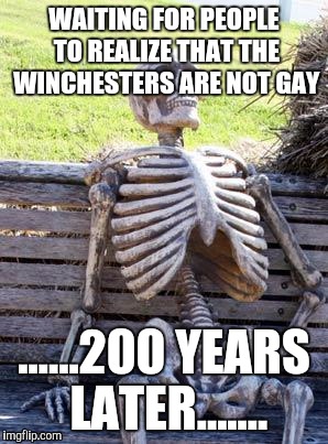 Waiting Skeleton | WAITING FOR PEOPLE TO REALIZE THAT THE WINCHESTERS ARE NOT GAY; ......200 YEARS LATER....... | image tagged in memes,waiting skeleton | made w/ Imgflip meme maker