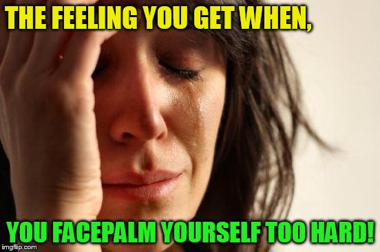Selfslapping's the poo! | THE FEELING YOU GET WHEN, YOU FACEPALM YOURSELF TOO HARD! | image tagged in memes,first world problems | made w/ Imgflip meme maker