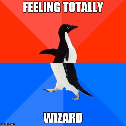 Socially Awesome Awkward Penguin Meme | FEELING TOTALLY; WIZARD | image tagged in memes,socially awesome awkward penguin | made w/ Imgflip meme maker