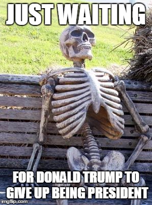 Waiting Skeleton Meme | JUST WAITING; FOR DONALD TRUMP TO GIVE UP BEING PRESIDENT | image tagged in memes,waiting skeleton | made w/ Imgflip meme maker