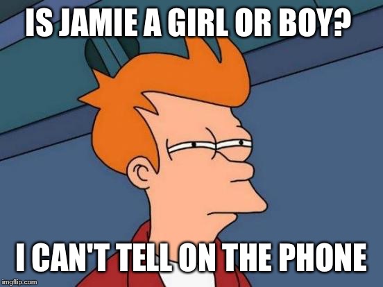 In all fairness, I'm hard of hearing.  | IS JAMIE A GIRL OR BOY? I CAN'T TELL ON THE PHONE | image tagged in memes,futurama fry | made w/ Imgflip meme maker