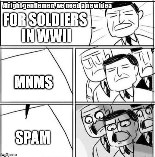 Alright Gentlemen We Need A New Idea | FOR SOLDIERS IN WWII; MNMS; SPAM | image tagged in memes,alright gentlemen we need a new idea | made w/ Imgflip meme maker
