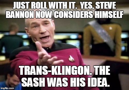 Picard Wtf Meme | JUST ROLL WITH IT.  YES, STEVE BANNON NOW CONSIDERS HIMSELF; TRANS-KLINGON. THE SASH WAS HIS IDEA. | image tagged in memes,picard wtf | made w/ Imgflip meme maker