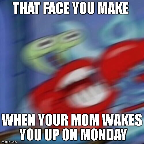 Mr krabs blur | THAT FACE YOU MAKE; WHEN YOUR MOM WAKES YOU UP ON MONDAY | image tagged in mr krabs blur | made w/ Imgflip meme maker