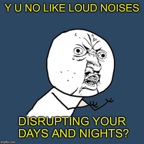 Y U No Meme | Y U NO LIKE LOUD NOISES DISRUPTING YOUR DAYS AND NIGHTS? | image tagged in memes,y u no | made w/ Imgflip meme maker