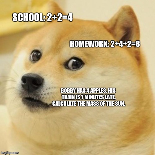 Doge Meme | SCHOOL: 2+2=4; HOMEWORK: 2+4+2=8; BOBBY HAS 4 APPLES, HIS TRAIN IS 7 MINUTES LATE, CALCULATE THE MASS OF THE SUN. | image tagged in memes,doge | made w/ Imgflip meme maker