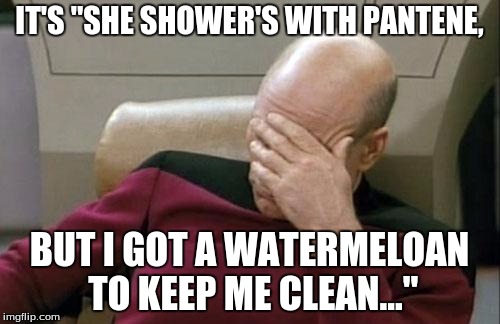 Captain Picard Facepalm Meme | IT'S "SHE SHOWER'S WITH PANTENE, BUT I GOT A WATERMELOAN TO KEEP ME CLEAN..." | image tagged in memes,captain picard facepalm | made w/ Imgflip meme maker