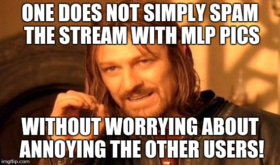 One Does Not Simply Meme | ONE DOES NOT SIMPLY SPAM THE STREAM WITH MLP PICS; WITHOUT WORRYING ABOUT ANNOYING THE OTHER USERS! | image tagged in memes,one does not simply | made w/ Imgflip meme maker