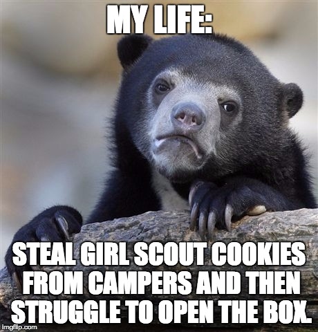 Confession Bear Meme | MY LIFE:; STEAL GIRL SCOUT COOKIES FROM CAMPERS AND THEN STRUGGLE TO OPEN THE BOX. | image tagged in memes,confession bear | made w/ Imgflip meme maker