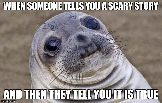 Scary story | WHEN SOMEONE TELLS YOU A SCARY STORY; AND THEN THEY TELL YOU IT IS TRUE | image tagged in memes,awkward moment sealion | made w/ Imgflip meme maker
