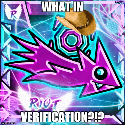 What in Verification?!? | WHAT IN; VERIFICATION?!? | image tagged in geometry dash,riot,what in tarnation,memes,gd,riot gd | made w/ Imgflip meme maker
