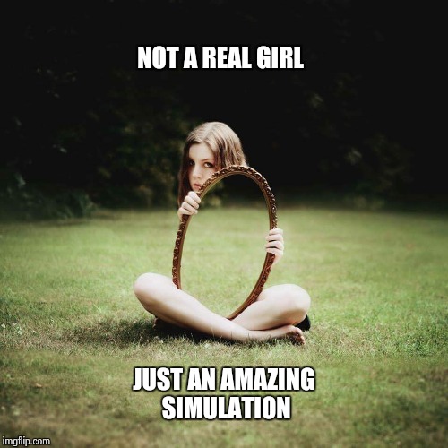 Probably took awhile to line this up | NOT A REAL GIRL; JUST AN AMAZING SIMULATION | image tagged in weird | made w/ Imgflip meme maker