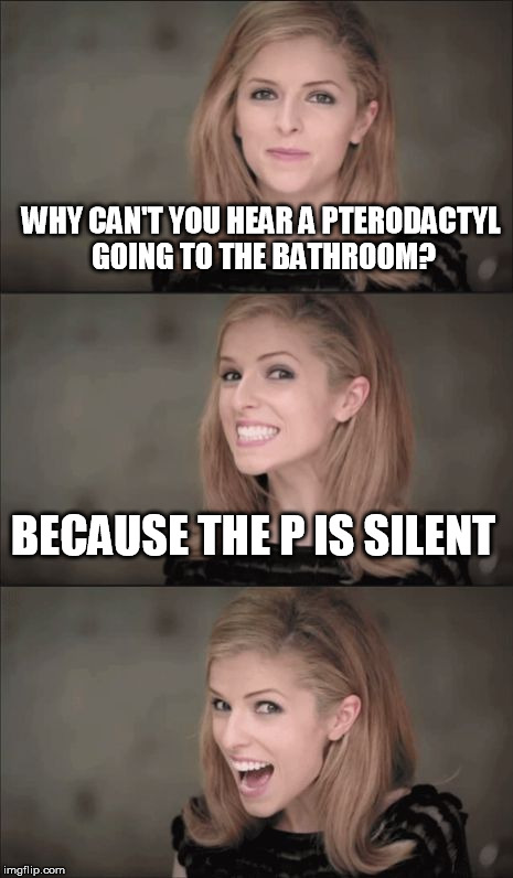 Bad Pun Anna Kendrick | WHY CAN'T YOU HEAR A PTERODACTYL GOING TO THE BATHROOM? BECAUSE THE P IS SILENT | image tagged in memes,bad pun anna kendrick,dinosaurs,bathroom humor,funny joke | made w/ Imgflip meme maker