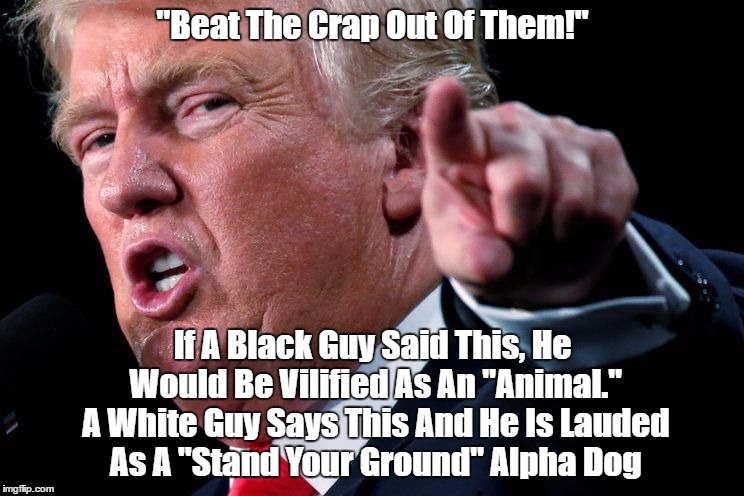 "Beat The Crap Out Of Them!" | "Beat The Crap Out Of Them!" If A Black Guy Said This, He Would Be Vilified As An "Animal." A White Guy Says This And He Is Lauded As A "Sta | image tagged in trump,trump promotes violence,trump and black people,turned tables,comparison of white people and black people | made w/ Imgflip meme maker